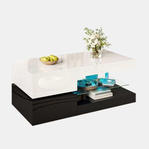 Mesa de centro 90x45x35,5 cm - LED, controlo APP e Bluetooth, prateleira de vidro, design preto e branco