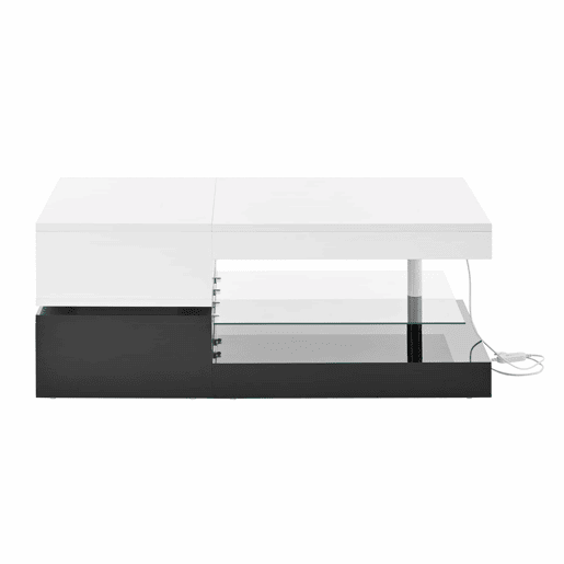 Mesa de centro 90x45x35,5 cm - LED, controlo APP e Bluetooth, prateleira de vidro, design preto e branco