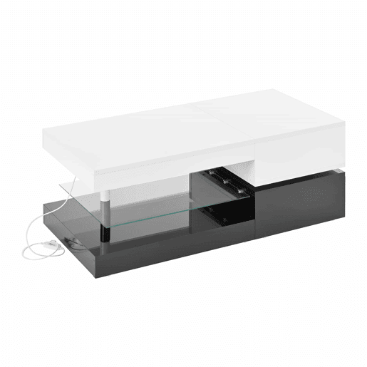 Mesa de centro 90x45x35,5 cm - LED, controlo APP e Bluetooth, prateleira de vidro, design preto e branco