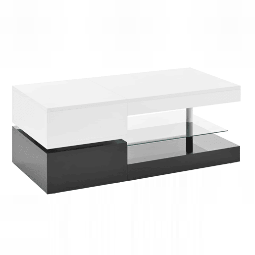 Mesa de centro 90x45x35,5 cm - LED, controlo APP e Bluetooth, prateleira de vidro, design preto e branco