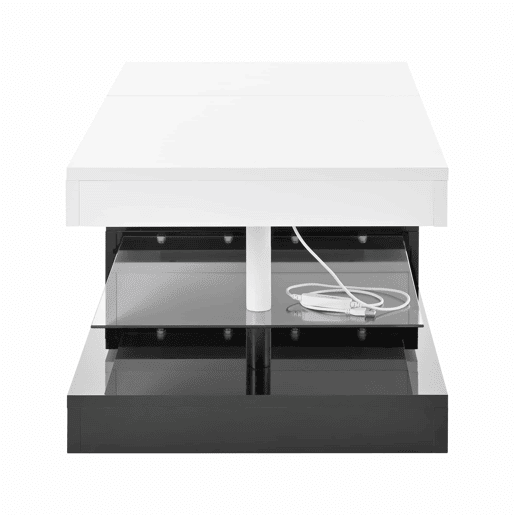 Mesa de centro 90x45x35,5 cm - LED, controlo APP e Bluetooth, prateleira de vidro, design preto e branco