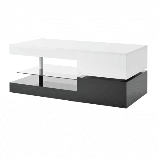 Mesa de centro 90x45x35,5 cm - LED, controlo APP e Bluetooth, prateleira de vidro, design preto e branco