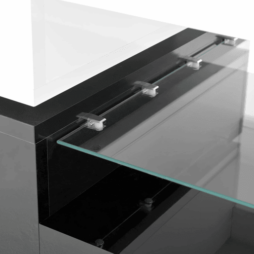 Mesa de centro 90x45x35,5 cm - LED, controlo APP e Bluetooth, prateleira de vidro, design preto e branco