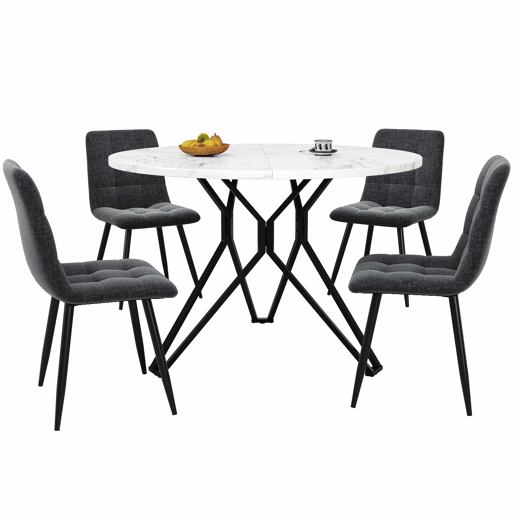 Conjunto de mesa e cadeiras 5 peças - Mesa redonda 100 cm - Pernas metálicas pretas - Cadeiras em linho cinzento