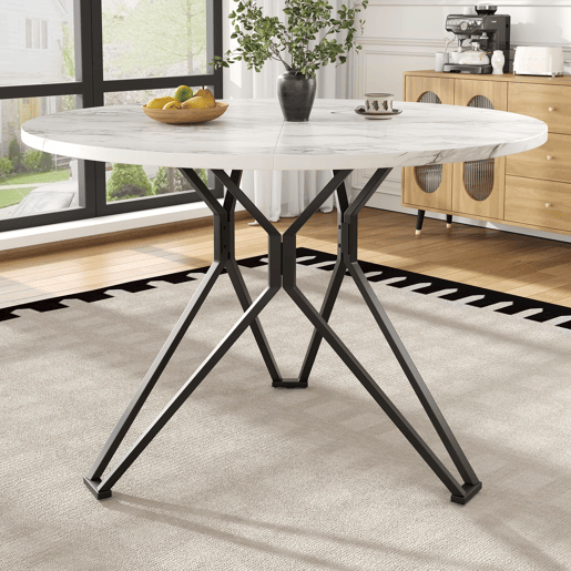 Conjunto de mesa e cadeiras 5 peças - Mesa redonda 100 cm - Pernas metálicas pretas - Cadeiras em linho cinzento