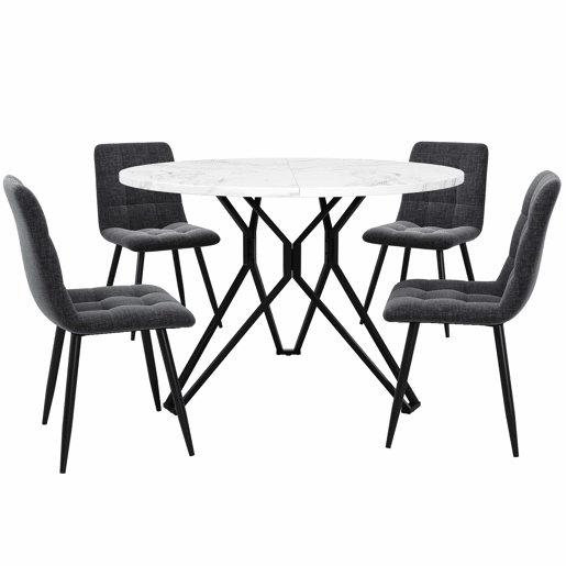 Conjunto de mesa e cadeiras 5 peças - Mesa redonda 100 cm - Pernas metálicas pretas - Cadeiras em linho cinzento