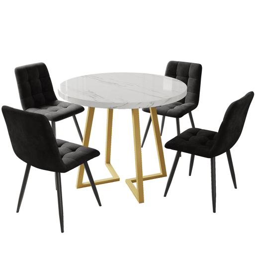 Conjunto de sala de jantar de 5 peças 80 cm - Mesa redonda com pernas metálicas douradas, cadeiras de veludo preto