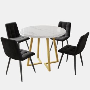Conjunto de sala de jantar de 5 peças 80 cm - Mesa redonda com pernas metálicas douradas, cadeiras de veludo preto