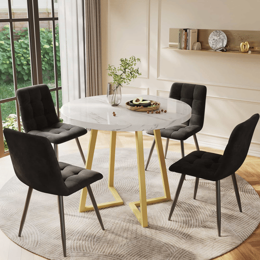 Conjunto de sala de jantar de 5 peças 80 cm - Mesa redonda com pernas metálicas douradas, cadeiras de veludo preto