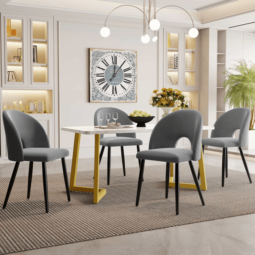 Conjunto de sala de jantar 117x68 cm - Mesa retangular moderna com 4 cadeiras, veludo cinzento, pernas douradas