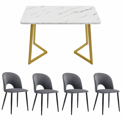 Conjunto de sala de jantar 117x68 cm - Mesa retangular moderna com 4 cadeiras, veludo cinzento, pernas douradas