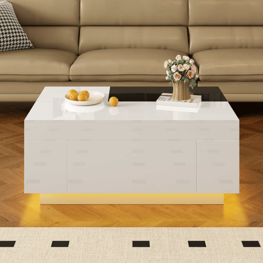 Mesa de centro 105 cm - com iluminação LED, tampo extensível, arrumação oculta, 16 cores - pretobranco Mesa de centro 105 cm - com iluminação LED, tampo extensível, arrumação oculta, 16 cores - pretobranco