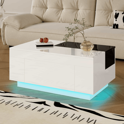 Mesa de centro 105 cm - com iluminação LED, tampo extensível, arrumação oculta, 16 cores - pretobranco Mesa de centro 105 cm - com iluminação LED, tampo extensível, arrumação oculta, 16 cores - pretobranco