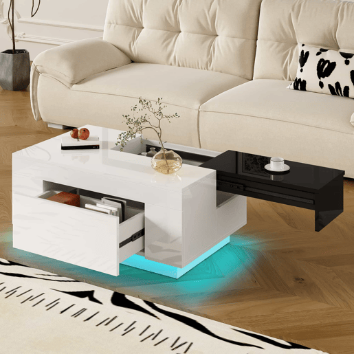 Mesa de centro 105 cm - com iluminação LED, tampo extensível, arrumação oculta, 16 cores - pretobranco Mesa de centro 105 cm - com iluminação LED, tampo extensível, arrumação oculta, 16 cores - pretobranco