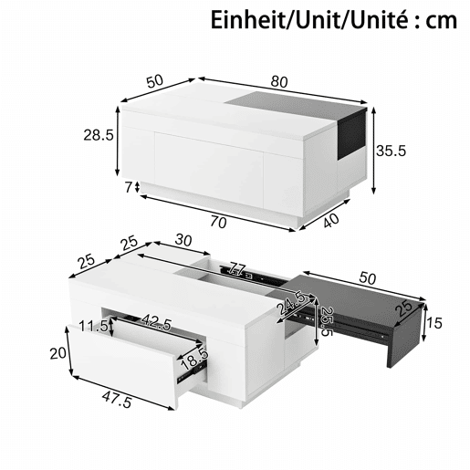 Mesa de centro 105 cm - com iluminação LED, tampo extensível, arrumação oculta, 16 cores - pretobranco Mesa de centro 105 cm - com iluminação LED, tampo extensível, arrumação oculta, 16 cores - pretobranco