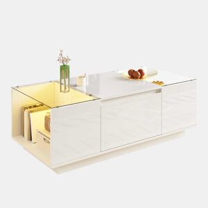 Mesa de centro moderna 105 cm - com arrumação, iluminação LED, 2 gavetas, vidro - Branco
