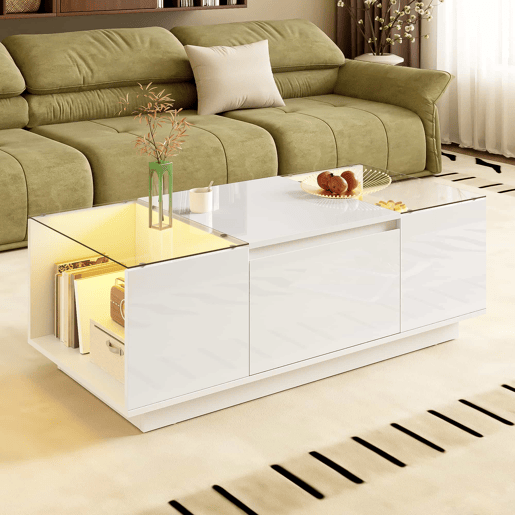 Mesa de centro moderna 105 cm - com arrumação, iluminação LED, 2 gavetas, vidro - Branco
