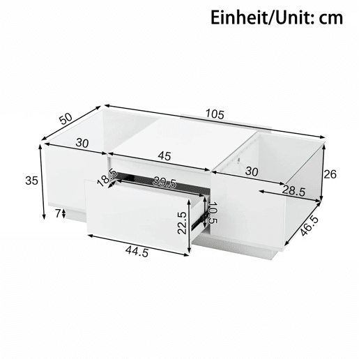 Mesa de centro moderna 105 cm - com arrumação, iluminação LED, 2 gavetas, vidro - Branco