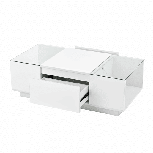 Mesa de centro moderna 105 cm - com arrumação, iluminação LED, 2 gavetas, vidro - Branco