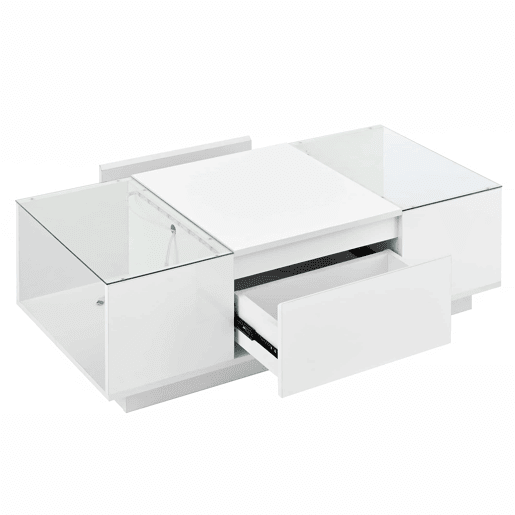 Mesa de centro moderna 105 cm - com arrumação, iluminação LED, 2 gavetas, vidro - Branco