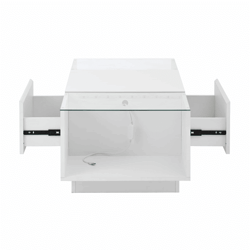 Mesa de centro moderna 105 cm - com arrumação, iluminação LED, 2 gavetas, vidro - Branco
