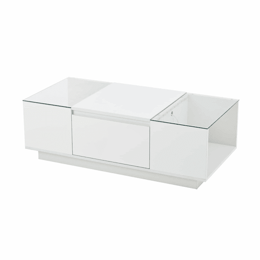 Mesa de centro moderna 105 cm - com arrumação, iluminação LED, 2 gavetas, vidro - Branco