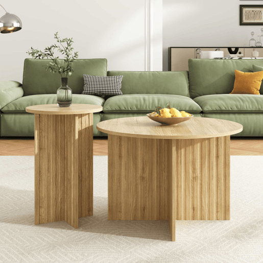 Conjunto de mesas encaixáveis de madeira, 2 peças - Mesas de centro redondas, design escandinavo, funcionais e versáteis - Natural