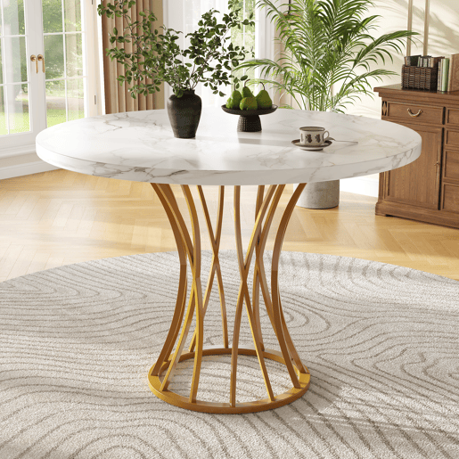 Mesa redonda 80x80 cm - Mesa de jantar em MDF, pernas douradas, para 4-6 pessoas