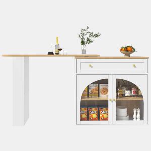 Mesa de bar extensível 138-204×39×104 cm - giratória em 360°, moderna, com arrumação, mesa alta, ilha de cozinha, prateleira com vidro - branca