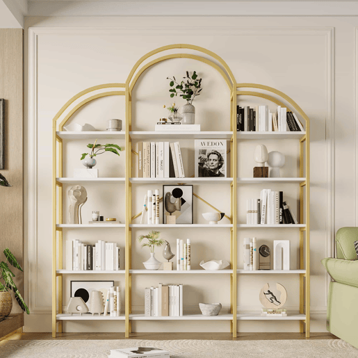 Estante 170x26x190 cm - Estilo simples, estrutura em aço e MDF, 5 níveis, formato de nuvem, dourado e branco Estante 170x26x190 cm - Estilo simples, estrutura em aço e MDF, 5 níveis, formato de nuvem, dourado e branco