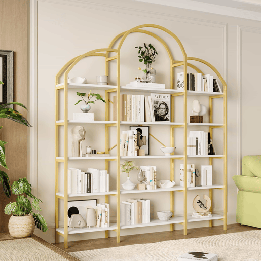 Estante 170x26x190 cm - Estilo simples, estrutura em aço e MDF, 5 níveis, formato de nuvem, dourado e branco Estante 170x26x190 cm - Estilo simples, estrutura em aço e MDF, 5 níveis, formato de nuvem, dourado e branco