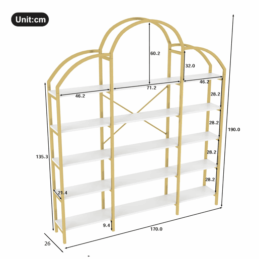 Estante 170x26x190 cm - Estilo simples, estrutura em aço e MDF, 5 níveis, formato de nuvem, dourado e branco Estante 170x26x190 cm - Estilo simples, estrutura em aço e MDF, 5 níveis, formato de nuvem, dourado e branco