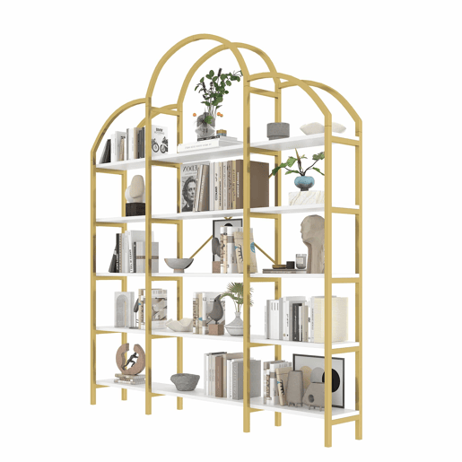 Estante 170x26x190 cm - Estilo simples, estrutura em aço e MDF, 5 níveis, formato de nuvem, dourado e branco Estante 170x26x190 cm - Estilo simples, estrutura em aço e MDF, 5 níveis, formato de nuvem, dourado e branco