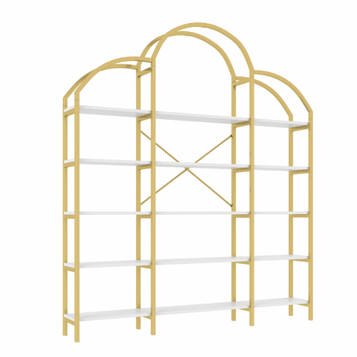 Estante 170x26x190 cm - Estilo simples, estrutura em aço e MDF, 5 níveis, formato de nuvem, dourado e branco Estante 170x26x190 cm - Estilo simples, estrutura em aço e MDF, 5 níveis, formato de nuvem, dourado e branco
