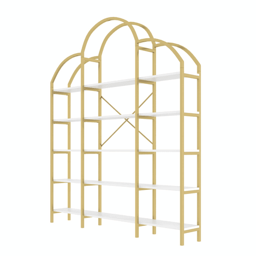 Estante 170x26x190 cm - Estilo simples, estrutura em aço e MDF, 5 níveis, formato de nuvem, dourado e branco Estante 170x26x190 cm - Estilo simples, estrutura em aço e MDF, 5 níveis, formato de nuvem, dourado e branco