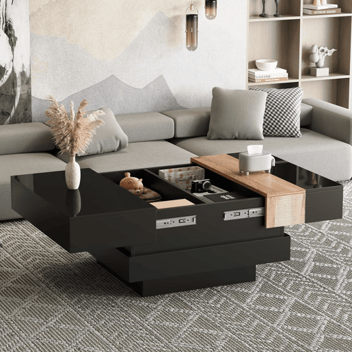 Mesa de centro quadrada 70x70x39 cm - Mesa extensível com arrumação oculta - Preto Mesa de centro quadrada 70x70x39 cm - Mesa extensível com arrumação oculta - Preto