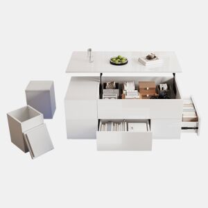 Mesa de centro 100x50x45 cm - Sofá com 2 bancos, 2 gavetas, LED, altura ajustável - Branco