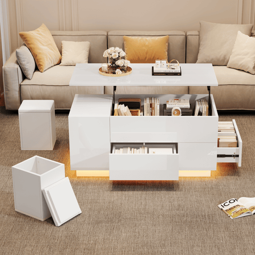 Mesa de centro 100x50x45 cm - Sofá com 2 bancos, 2 gavetas, LED, altura ajustável - Branco