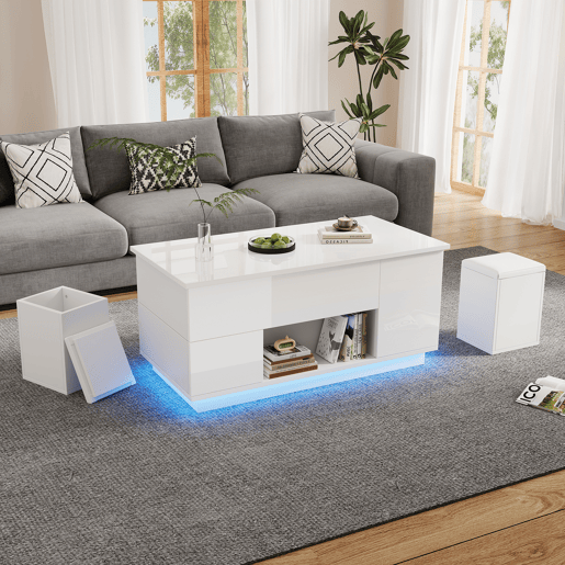Mesa de centro 100x50x45 cm - Sofá com 2 bancos, 2 gavetas, LED, altura ajustável - Branco