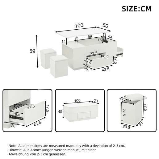 Mesa de centro 100x50x45 cm - Sofá com 2 bancos, 2 gavetas, LED, altura ajustável - Branco