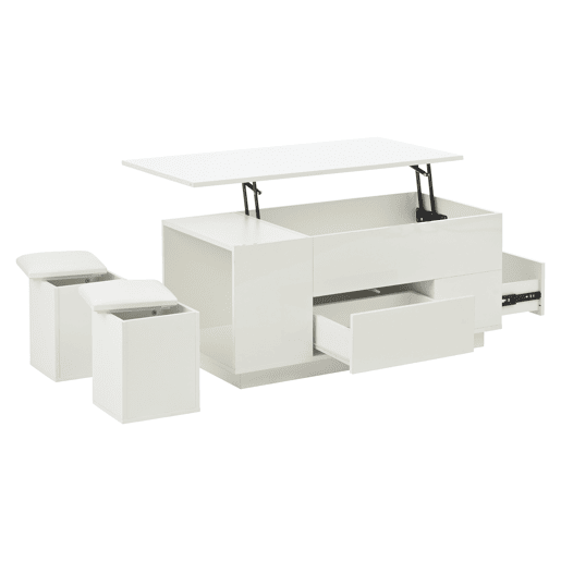Mesa de centro 100x50x45 cm - Sofá com 2 bancos, 2 gavetas, LED, altura ajustável - Branco