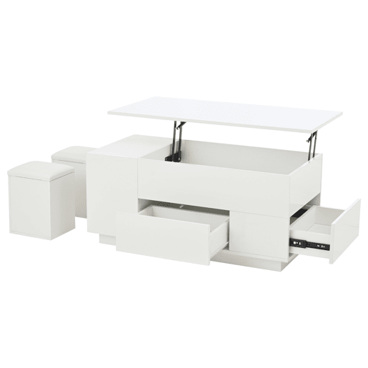 Mesa de centro 100x50x45 cm - Sofá com 2 bancos, 2 gavetas, LED, altura ajustável - Branco