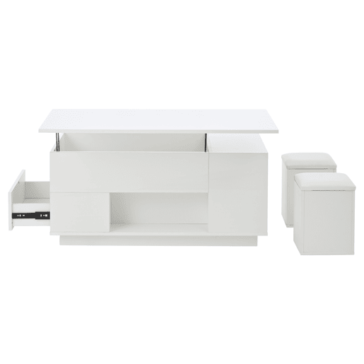 Mesa de centro 100x50x45 cm - Sofá com 2 bancos, 2 gavetas, LED, altura ajustável - Branco