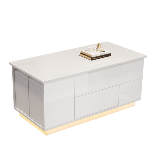 Mesa de centro 100x50x45 cm - Sofá com 2 bancos, 2 gavetas, LED, altura ajustável - Branco