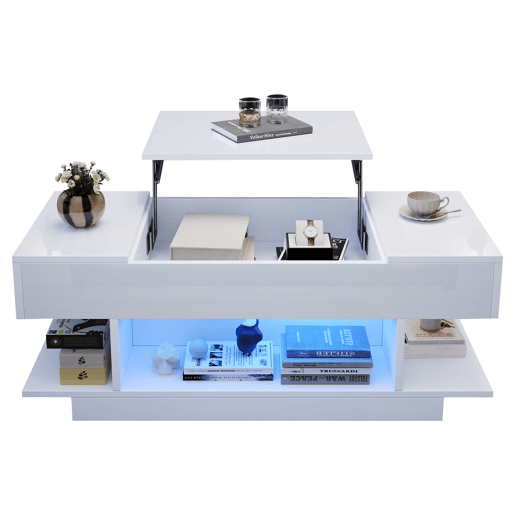 Mesa de centro elevável 98x45x40 cm - Sofá com mesa elevável, 2 armários dobráveis, LED, branco Mesa de centro elevável 98x45x40 cm - Sofá com mesa elevável, 2 armários dobráveis, LED, branco