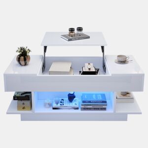 Mesa de centro elevável 98x45x40 cm - Sofá com mesa elevável, 2 armários dobráveis, LED, branco