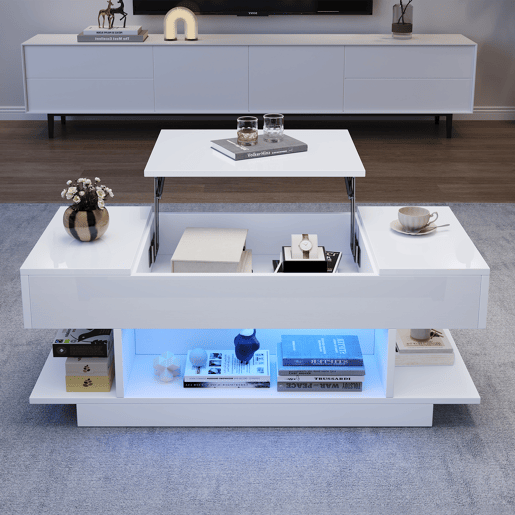 Mesa de centro elevável 98x45x40 cm - Sofá com mesa elevável, 2 armários dobráveis, LED, branco Mesa de centro elevável 98x45x40 cm - Sofá com mesa elevável, 2 armários dobráveis, LED, branco