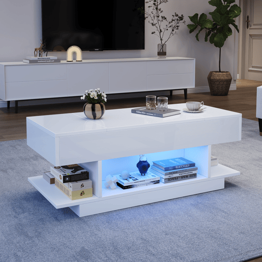 Mesa de centro elevável 98x45x40 cm - Sofá com mesa elevável, 2 armários dobráveis, LED, branco Mesa de centro elevável 98x45x40 cm - Sofá com mesa elevável, 2 armários dobráveis, LED, branco
