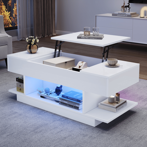 Mesa de centro elevável 98x45x40 cm - Sofá com mesa elevável, 2 armários dobráveis, LED, branco Mesa de centro elevável 98x45x40 cm - Sofá com mesa elevável, 2 armários dobráveis, LED, branco