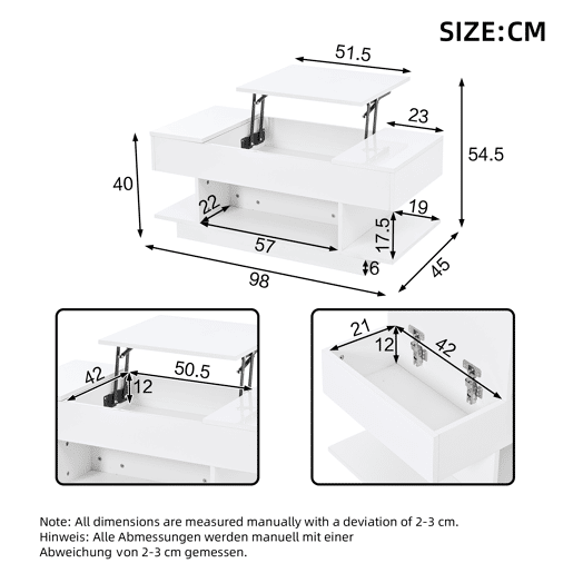 Mesa de centro elevável 98x45x40 cm - Sofá com mesa elevável, 2 armários dobráveis, LED, branco Mesa de centro elevável 98x45x40 cm - Sofá com mesa elevável, 2 armários dobráveis, LED, branco